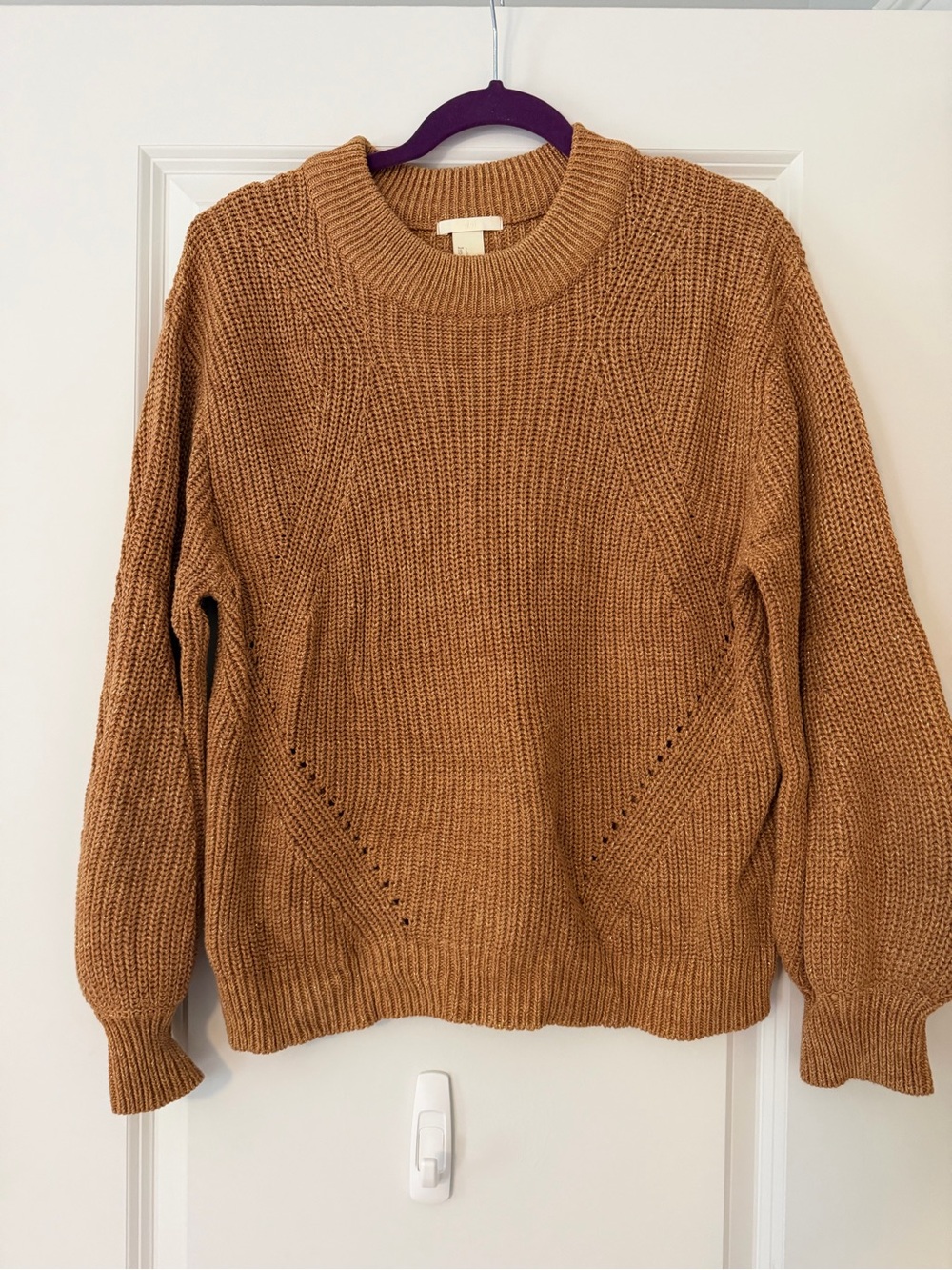 H&M Camel Gold Metallic Chunky Knit Balloon Sleeve Sweater Size L
